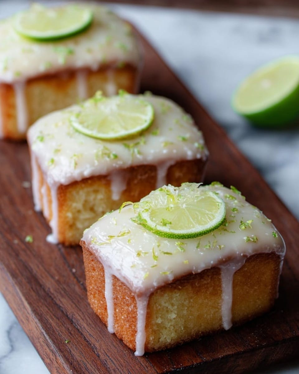 Four small square cakes with a light golden brown bottom layer and a smooth, pale yellow top layer covered in glossy white glaze that drips down the sides. Each cake is topped with a small wedge of lime and some scattered lime zest on the glaze, all placed on a dark wooden board which is set against a white marbled texture. The cakes have a soft, moist texture with the glaze shining under natural light. photo taken with an iphone --ar 4:5 --v 7