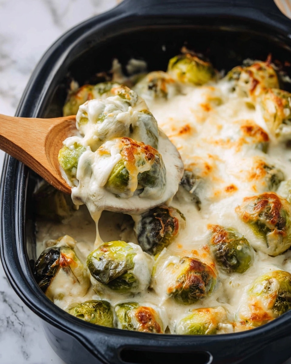 The image shows a black baking dish filled with roasted Brussels sprouts covered in melted creamy cheese. The Brussels sprouts are whole or halved, with a bright green color partially hidden by the thick layer of white and golden-brown melted cheese on top. The cheese is bubbling and browned in spots, giving a textured, rich look. A wooden spoon lifts some Brussels sprouts mixed with the gooey cheese from the dish. The background is a white marbled texture. photo taken with an iphone --ar 4:5 --v 7