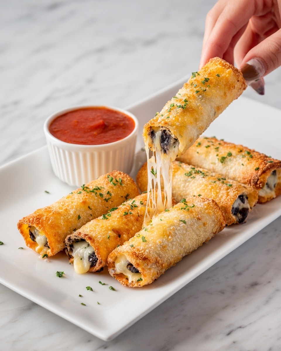 A white rectangular plate holds five rolled-up cheese sticks with golden-brown melted cheese on top, sprinkled with small green herb pieces. One cheese stick is being lifted by a woman's hand, showing stretchy melted cheese pulling from the stick. Inside each roll, a dark filling is visible, contrasting with the lighter roll exterior. Next to the rolls is a small white ramekin filled with smooth, red dipping sauce. The plate sits on a white marbled surface. photo taken with an iphone --ar 4:5 --v 7