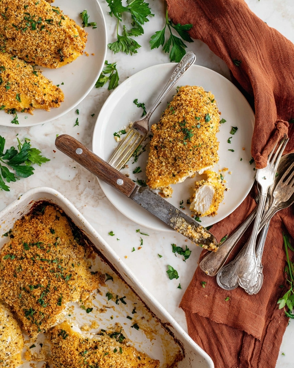 The image shows a close-up of a baked dish with three pieces of golden brown, crispy chicken covered in a crumbly herb crust sprinkled with fresh green parsley. One piece is on a white plate near the center, with a rustic knife and fork resting on the plate, where a small bite is cut showing tender white meat inside. Two more pieces live in a white rectangular baking dish at the bottom left, with some crumbs and baked cheese residue visible. The setting includes a white marbled surface, scattered parsley leaves, and a rust-colored cloth with three silver forks on the right side. photo taken with an iphone --ar 4:5 --v 7