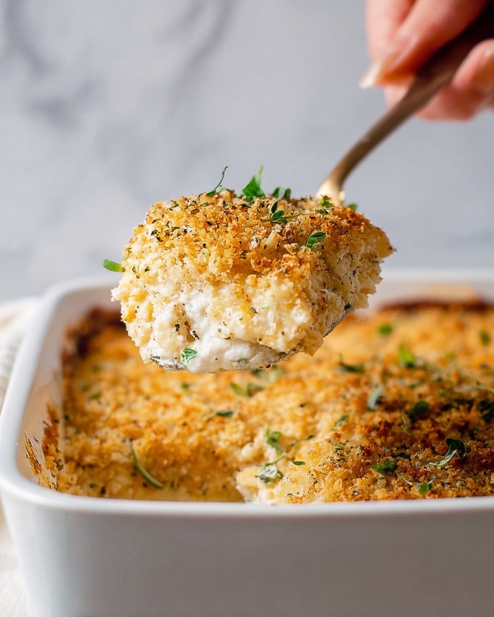 A close-up of a white baking dish filled with a golden-brown baked casserole that has a crispy, crunchy top layer made of breadcrumbs and herbs. A woman's hand holds a serving spoon lifting one square portion from the dish, showing a creamy white layer under the browned crust that looks soft and smooth, with some bits of herbs sprinkled on top. The background has a clean white marbled texture. photo taken with an iphone --ar 4:5 --v 7
