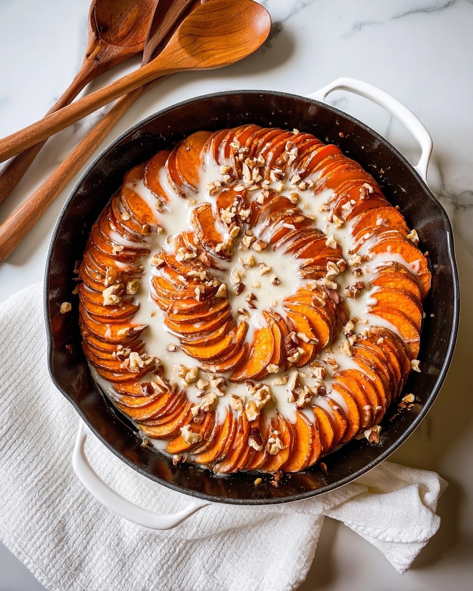 A black skillet with a white handle holds a dish of sliced sweet potatoes arranged in three neat spiral layers from the outside to the center. Each thin slice is a bright orange color with some darker roasted edges. A creamy white sauce is drizzled unevenly over the top, pooling a little in the center. Small pieces of chopped nuts are scattered on the potatoes, adding texture and a touch of brown. The skillet rests on a folded white cloth on a white marbled surface with two wooden cooking spoons nearby. Photo taken with an iphone --ar 4:5 --v 7