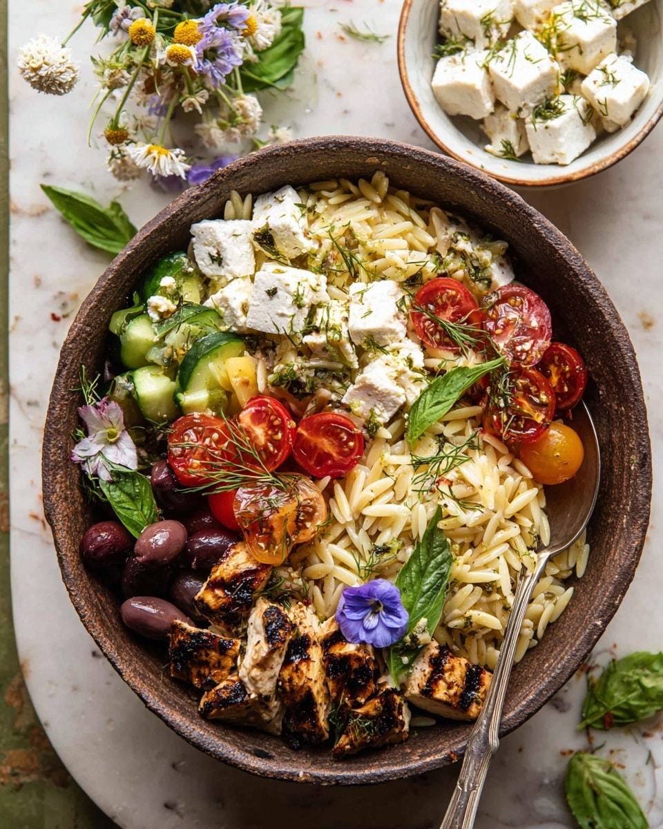 A rustic dark bowl filled with a layered orzo salad sits on a white marbled surface. The bottom layer is a bed of cooked orzo pasta, pale yellow and slightly glossy. Mixed in are dark purple olives and chunks of light green cucumber. On top of this, there are grilled chicken pieces with charred dark brown and golden marks. Fresh halved cherry tomatoes, bright red and juicy, cover one side. Opposite these are thick white cubes of feta cheese sprinkled with fine green dill and small leaves of fresh basil, some bright green leaves also placed on top as garnish. A vintage silver spoon rests inside the bowl, partially under the feta. Nearby, a small white bowl holds more feta cubes and herbs, and small flowers in a white dish are visible in soft focus. Photo taken with an iphone --ar 4:5 --v 7