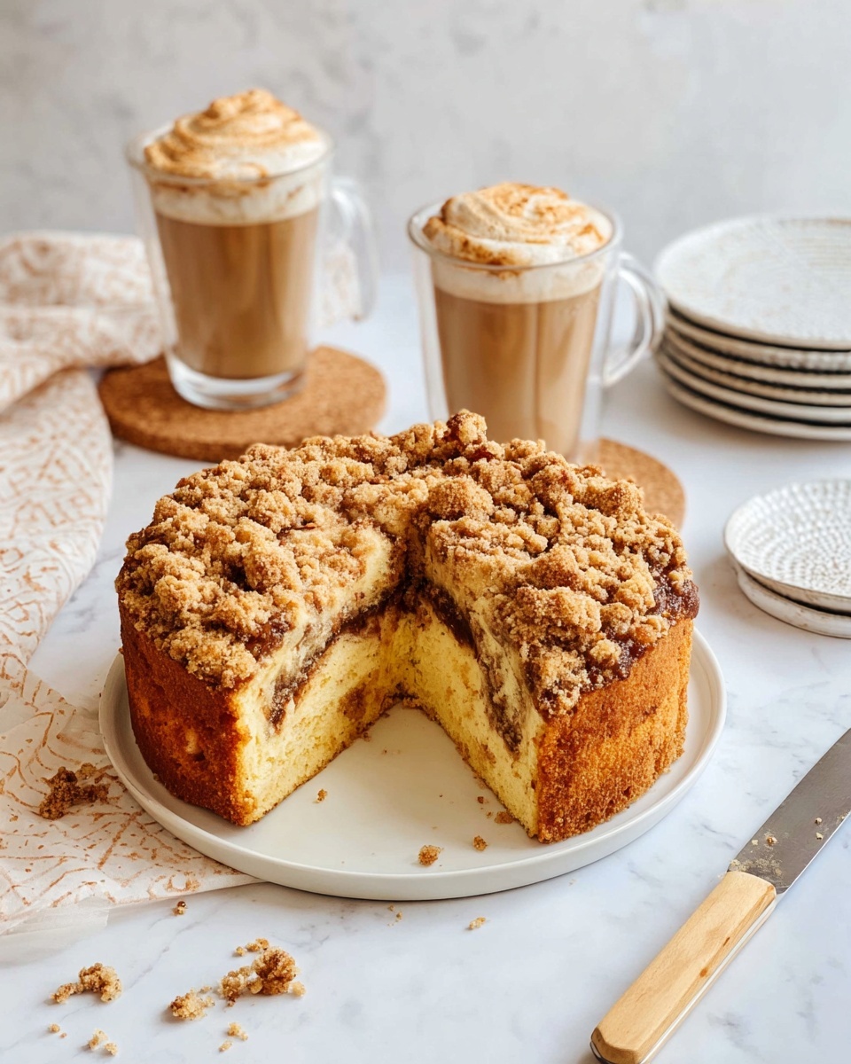 The image shows a round crumb cake with one slice removed, revealing a soft yellow cake base with a middle layer of cinnamon swirl and a thick crumb topping that is golden brown and textured with small chunks. The cake sits on a white plate on a white marbled surface, with crumbs scattered around it. Behind the cake, two clear glass mugs filled with a creamy drink topped with fluffy brown foam are displayed, each resting on a cork coaster. A white cloth with a light brown pattern is placed in the background along with a stack of white plates and a light wooden fork on the right. A knife with a light wooden handle lies to the left of the plate. photo taken with an iphone --ar 4:5 --v 7