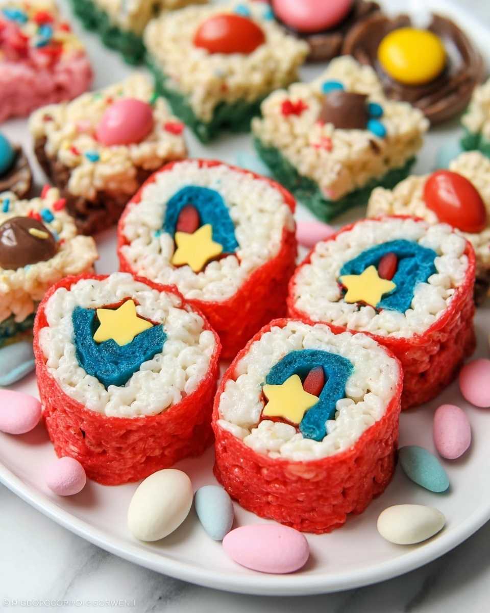 The image shows a white plate filled with colorful Rice Krispie treats shaped like sushi rolls and small bites. The front layer has several sushi roll shapes with three to four visible layers: a white crispy rice inside, wrapped first by a thin blue layer, then a thicker bright red outer layer, and a small yellow star shape in the center of each roll. Around the rolls are scattered white and pink candy-coated almonds. In the background are small square Rice Krispie bites topped with colorful decorations like chocolate chips, sprinkles, and yellow, green, or red candy pieces, some with a partial brown chocolate layer on top. The entire scene is set on a white marbled texture surface. Photo taken with an iphone --ar 4:5 --v 7