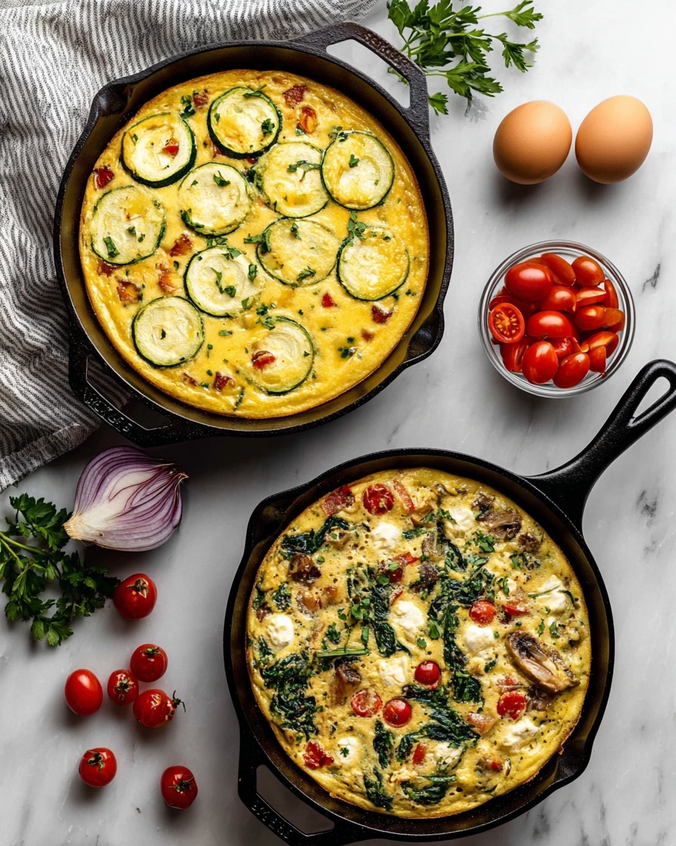 The image shows a dark non-stick muffin pan with six mini egg muffins inside, each having a yellow, fluffy texture mixed with green spinach pieces and bits of cheese or bacon. The pan rests on a white marbled surface covered partially by a light blue and white striped cloth. Around the pan, there is a white bowl filled with bright red strawberries on the top right and another white bowl at the bottom left filled with fresh blueberries. The overall scene is bright, fresh, and clean. photo taken with an iphone --ar 4:5 --v 7