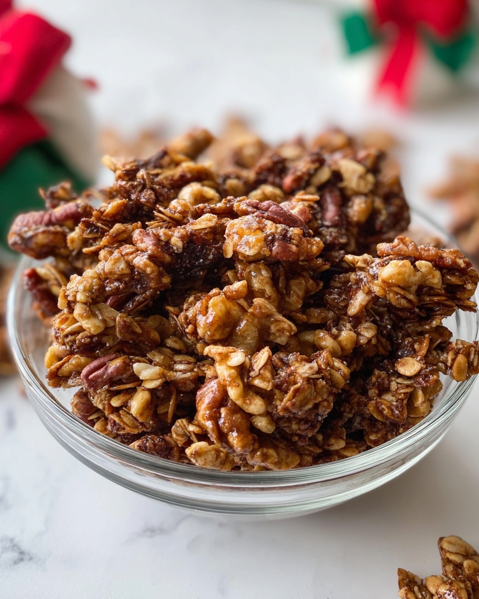 A close-up view of a clear round glass bowl filled to the top with chunky granola clusters that show a mix of golden brown oats, dark brown nuts, and pieces of walnuts, all tightly packed with a slightly glossy texture from a sticky coating. The granola pieces vary in size and shape, with nut and oat bits clearly visible, set against a soft white marbled background, with some blurred red, green, and white decorations in the distance. Photo taken with an iphone --ar 4:5 --v 7