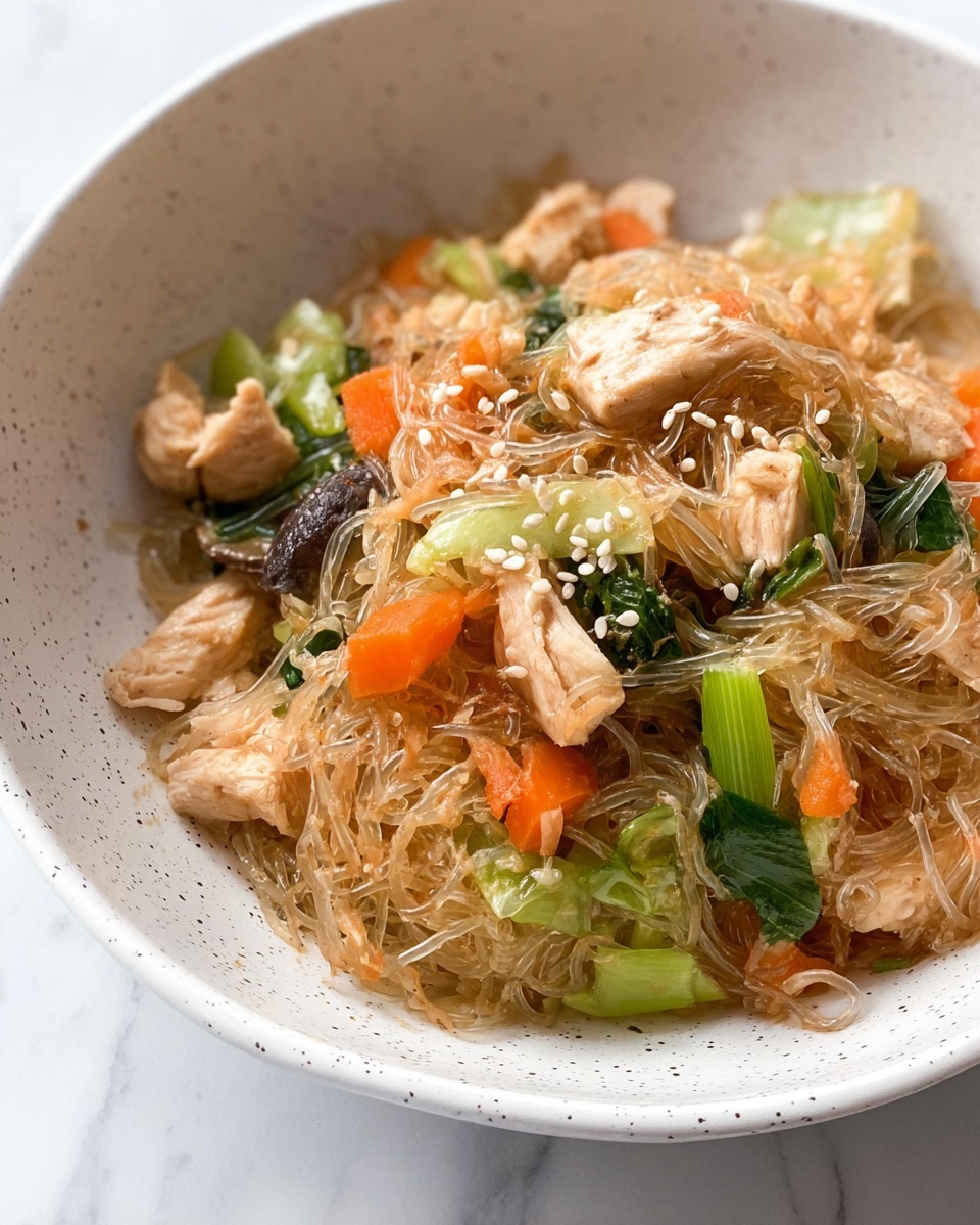 A close-up of a white speckled bowl filled with a single layer of translucent, thin glass noodles mixed with pieces of light beige cooked chicken, slices of bright orange carrot, chunks of green bok choy, and dark brown mushrooms. Small white sesame seeds are sprinkled evenly on top. The bowl is set against a white marbled surface, and the light highlights the glossy texture of the noodles and the fresh colors of the vegetables. photo taken with an iphone --ar 4:5 --v 7
