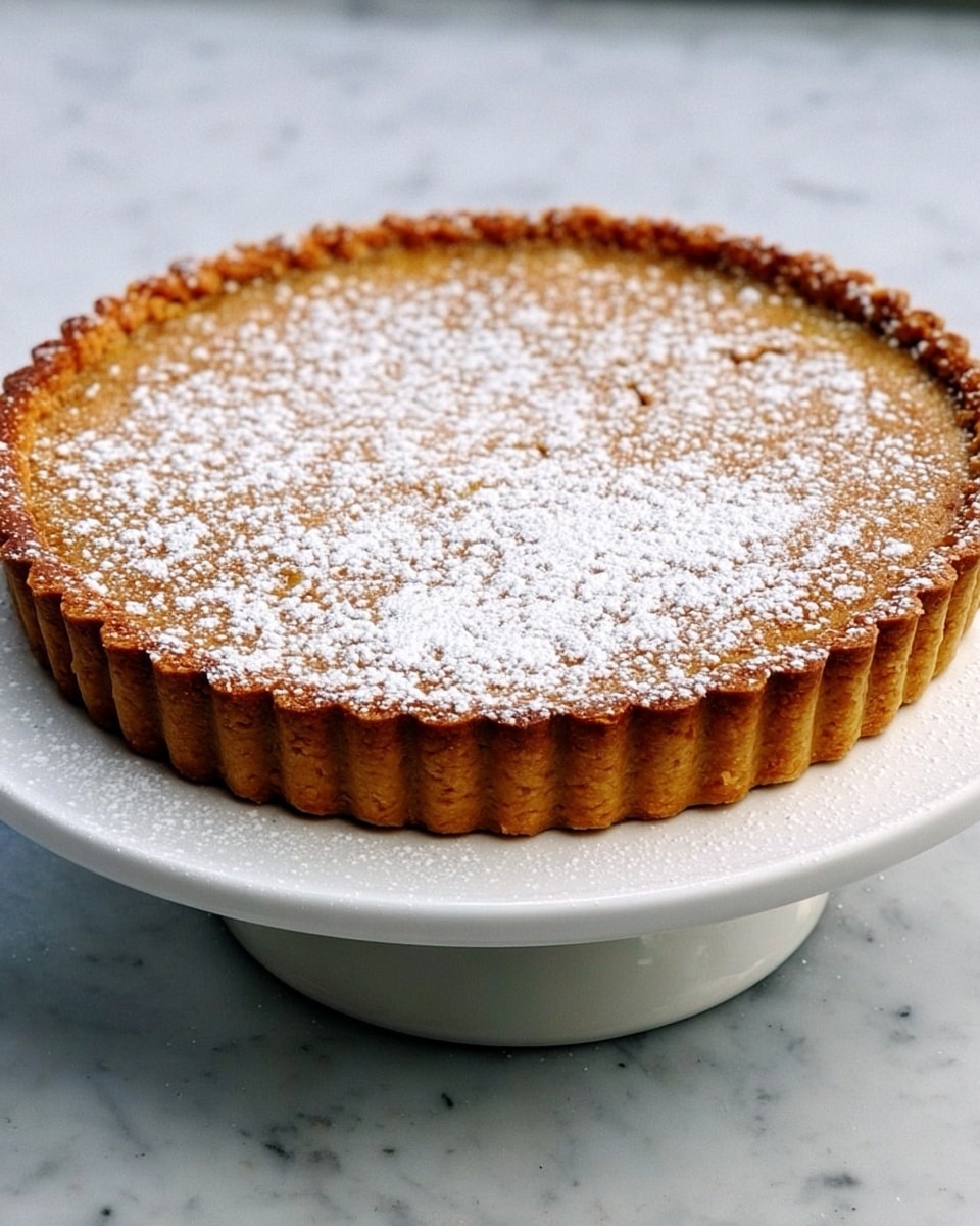 A single-layer round tart with a golden brown crust that is evenly ridged along the edge, filled with a smooth, light brown filling dusted generously with white powdered sugar on top. The tart sits on a plain white cake stand against a white marbled textured surface. photo taken with an iphone --ar 4:5 --v 7