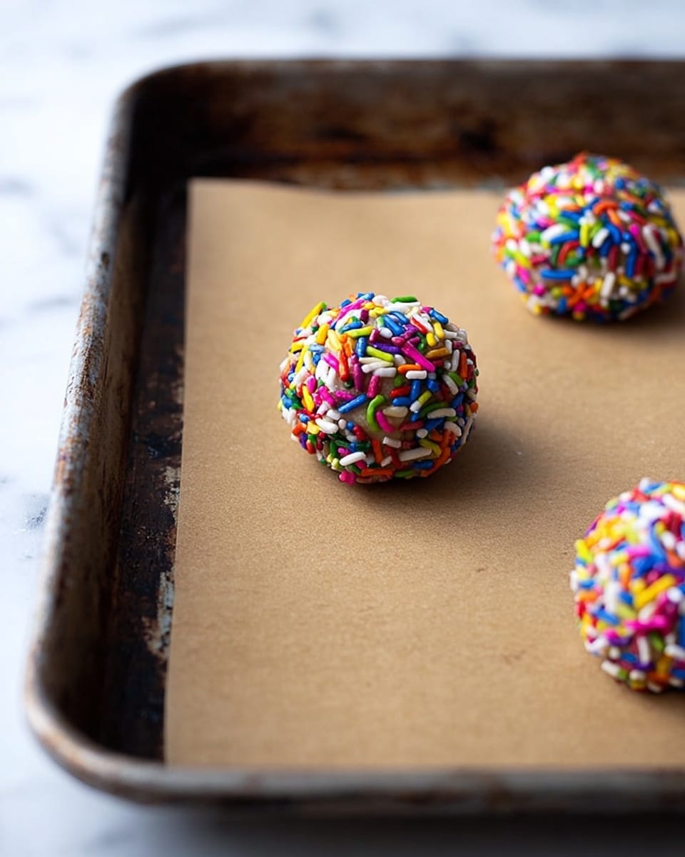 Three round dough balls covered in colorful, long sprinkles sit spaced apart on a sheet of brown parchment paper. The parchment paper is on a dark metal baking tray that shows signs of use with dark spots and scratches. The background is a white marbled texture, and the lighting is natural, casting soft shadows. One of the dough balls is in the foreground, slightly out of focus, while the two in the background are sharp and detailed. photo taken with an iphone --ar 4:5 --v 7