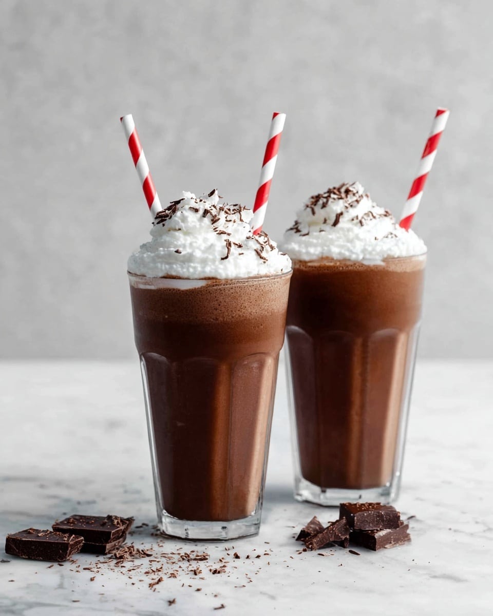 Two tall clear glasses are filled with rich dark brown chocolate shakes, topped with a thick layer of white whipped cream sprinkled with small dark chocolate shavings. Each shake has a red and white striped paper straw standing upright from the center of the whipped cream. The glasses sit side by side on a white marbled surface, with a few scattered chunks and crumbs of dark chocolate in front. The background is a soft light grey with a smooth texture. photo taken with an iphone --ar 4:5 --v 7