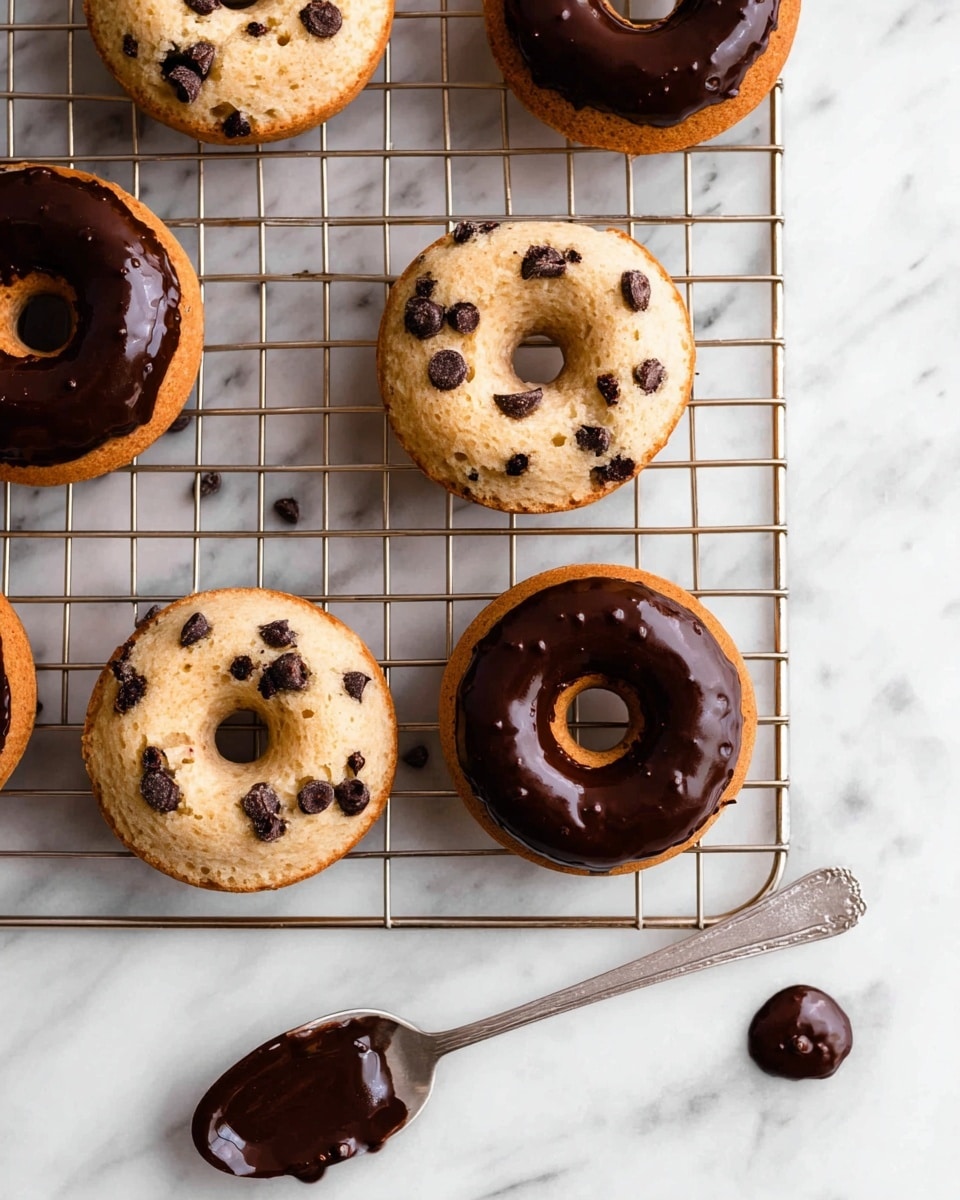 The image shows six baked donuts cooling on a wire rack placed on a white marbled surface. Three donuts are plain with a light golden-brown color and some dark chocolate chips baked inside, giving a slightly textured look. The other three donuts are similar but each is topped with a smooth, glossy dark chocolate layer covering the top fully. In the lower right corner on the white marbled surface, there is a silver spoon with thick, melted dark chocolate on it and a small dollop of chocolate next to it. photo taken with an iphone --ar 4:5 --v 7