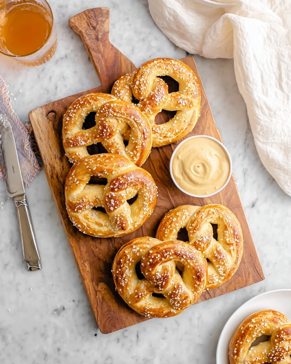 Five golden brown soft pretzels, each sprinkled with coarse salt, are arranged on a wooden cutting board with a handle. The pretzels have a smooth, shiny texture with a light crust and visible twists. To the right of the pretzels, there is a small white bowl filled with a creamy, light mustard-colored sauce. The cutting board is set on a white marbled texture surface. Part of a silver knife is visible on the left side of the image, and a white cloth is placed in the upper right corner. A glass with a light amber drink is at the top left, and the edge of a white plate with another pretzel is at the bottom right. Photo taken with an iphone --ar 4:5 --v 7