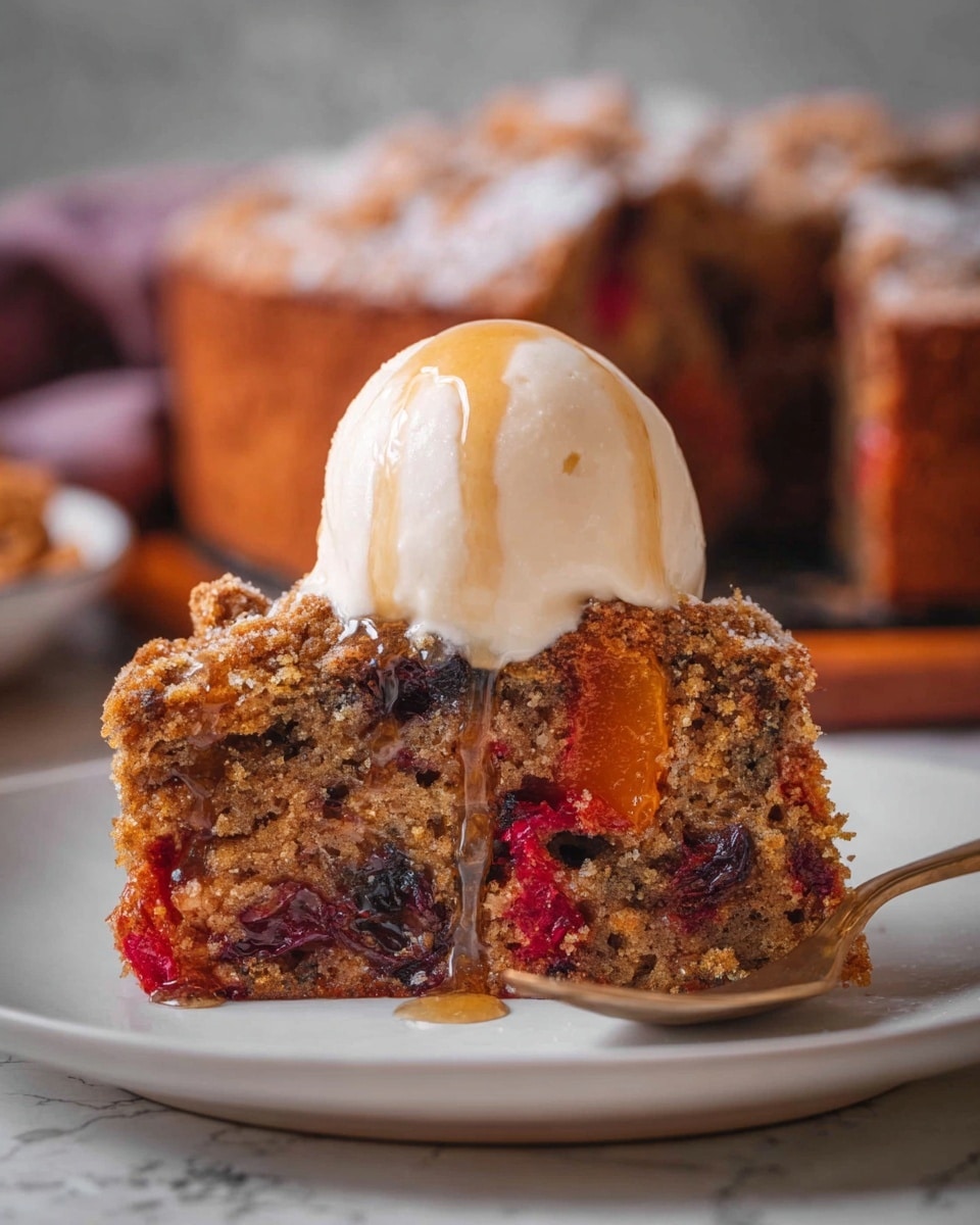 A slice of fruit cake with one thick layer, showing a rough, moist texture with visible pieces of red and orange fruit embedded inside. The top of the cake is topped with a round, smooth scoop of melting white ice cream, with light brown syrup delicately drizzling down the sides. The cake slice sits on a white plate against a white marbled textured surface, and in the blurred background, more of the whole cake is partially visible. photo taken with an iphone --ar 4:5 --v 7