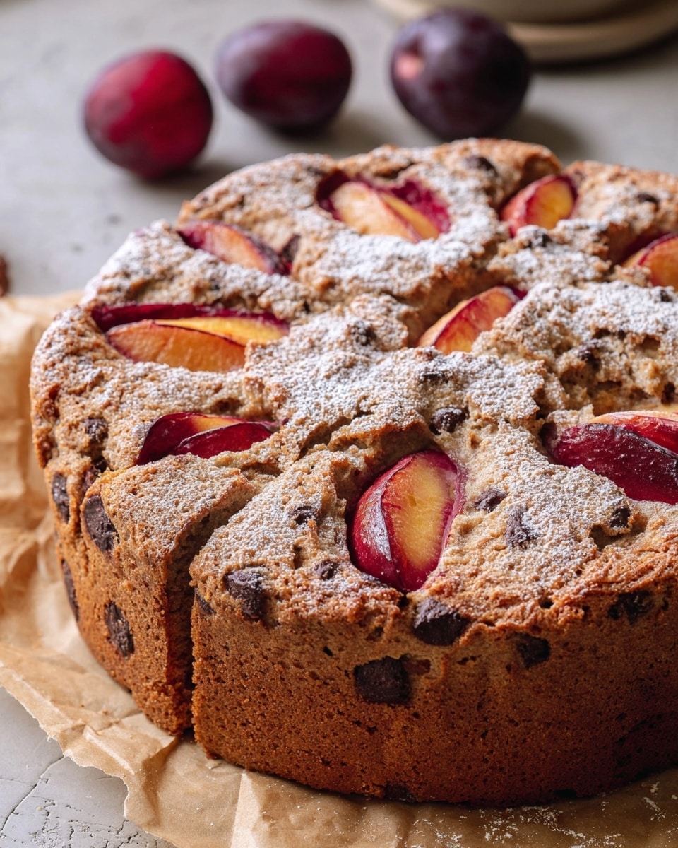 A round, tall cake with a textured brown crust that is studded with dark chocolate chips throughout, sitting on parchment paper. The top layer shows several thick slices of red and orange plums embedded into the surface, with a light dusting of powdered sugar scattered over the cake. The cake has a rough, rustic look with raised portions where the fruit is placed, creating a slightly uneven top. The background is a white marbled texture with a couple of whole plums visible nearby. Photo taken with an iphone --ar 4:5 --v 7