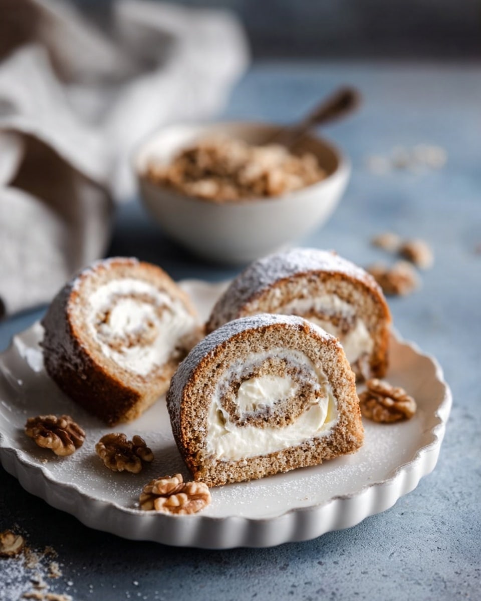 Three slices of a rolled cake are placed on a white scalloped plate, each slice showing two layers: a light brown outer sponge cake layer with a textured surface dusted with powdered sugar, and a creamy white filling spiraled inside. Some walnut pieces sit beside the slices on the plate. In the background, a white bowl filled with crushed walnuts sits on a white marbled surface along with a soft cloth. The overall lighting is soft and natural, highlighting the texture and creaminess of the dessert. Photo taken with an iphone --ar 4:5 --v 7