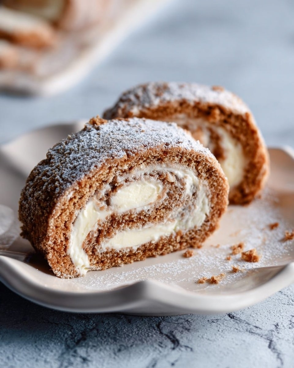 The image shows two slices of a rolled cake on a white plate with a wavy edge. Each slice has two main layers: a light brown cake layer with a rough, crumbly texture, and a creamy white filling swirled inside. The cake is dusted with powdered sugar, lightly covering the outer surface and some of the plate around it. The background has a soft white marbled texture with faint shadows. photo taken with an iphone --ar 4:5 --v 7