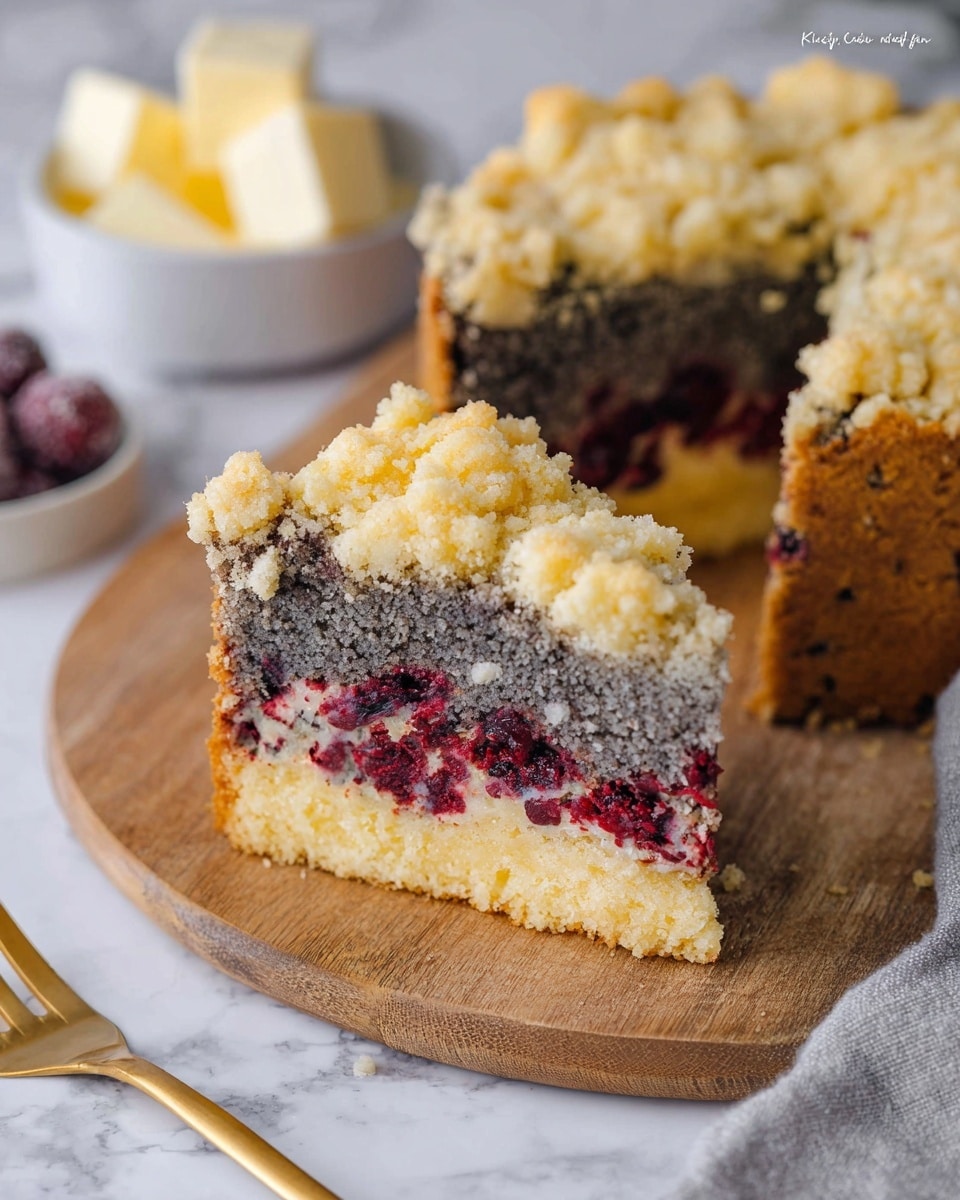 A slice of a three-layered cake sits slightly tilted against the rest of the round cake on a wooden board. The bottom layer is a golden-brown crumbly crust that looks slightly crunchy. The middle layer is thick and dark gray with a coarse texture, mixed with bright red berry pieces scattered throughout. The top layer is a light yellow crumbly topping with a rough texture and some small cracks. In the background, there is a small white bowl filled with butter cubes on a white marbled surface. A golden fork lies near the slice with a soft gray cloth nearby. photo taken with an iphone --ar 4:5 --v 7