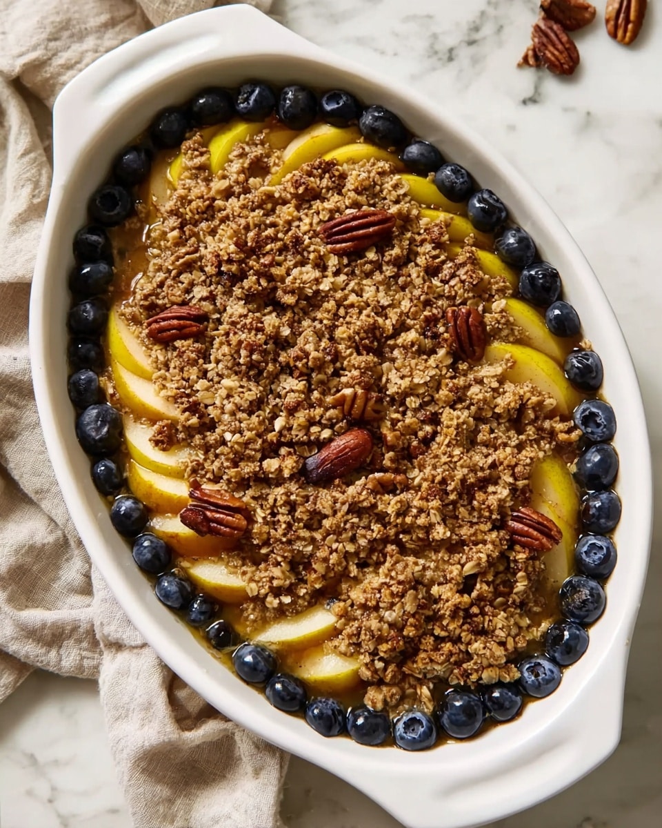 A white oval baking dish filled with a fruit crumble dessert. The bottom layer consists of yellow pear slices, arranged around the edges and partially covered by a ring of whole dark blueberries close to the rim. The top layer is a thick, crumbly mixture of oats, brown sugar, and pecan nuts, creating a rough texture evenly spread over the fruit. The pecans are scattered on top, providing a rich reddish-brown contrast against the light oat crumble. The dish rests on a white marbled surface with a beige cloth partially visible to the left. Photo taken with an iphone --ar 4:5 --v 7