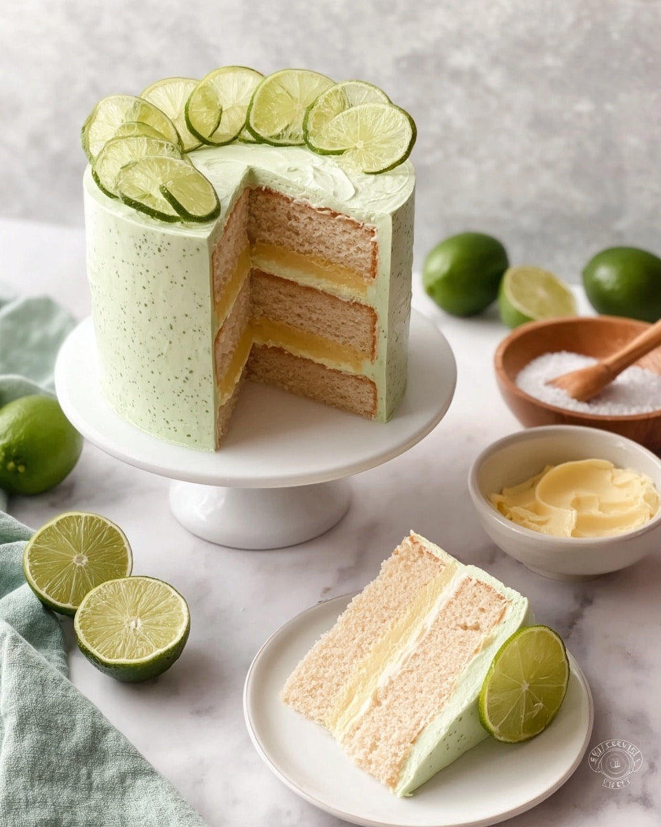 A tall, three-layer cake with light tan sponge layers separated by thin swirls of yellowish cream is shown on a white cake stand. The cake is covered smoothly in pale green frosting with small specks on its surface. Thin lime slices decorate the top edge of the cake in a neat circular pattern. A slice of the cake, showing the three even layers topped with the same pale green frosting and lime slice decoration, is placed on a white plate. The scene is set on a surface with a white marbled texture, with whole and halved limes, a wooden spoon of coarse sea salt, a bowl of yellow cream, and a green cloth nearby. photo taken with an iphone --ar 4:5 --v 7