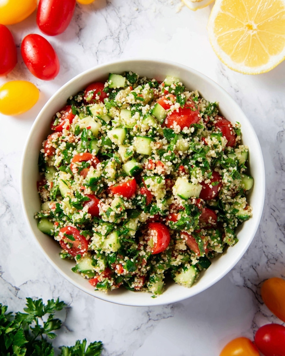 A white bowl filled with a colorful tabbouleh salad featuring a mix of finely chopped green parsley and cucumber, light tan couscous grains, and bright red cherry tomato halves, all evenly mixed together. The ingredients create a fresh and textured look with green and red pieces scattered throughout. The bowl sits on a white marbled surface with a halved lemon and whole cherry tomatoes around it, adding vibrant yellow and red accents to the scene. Photo taken with an iphone --ar 4:5 --v 7