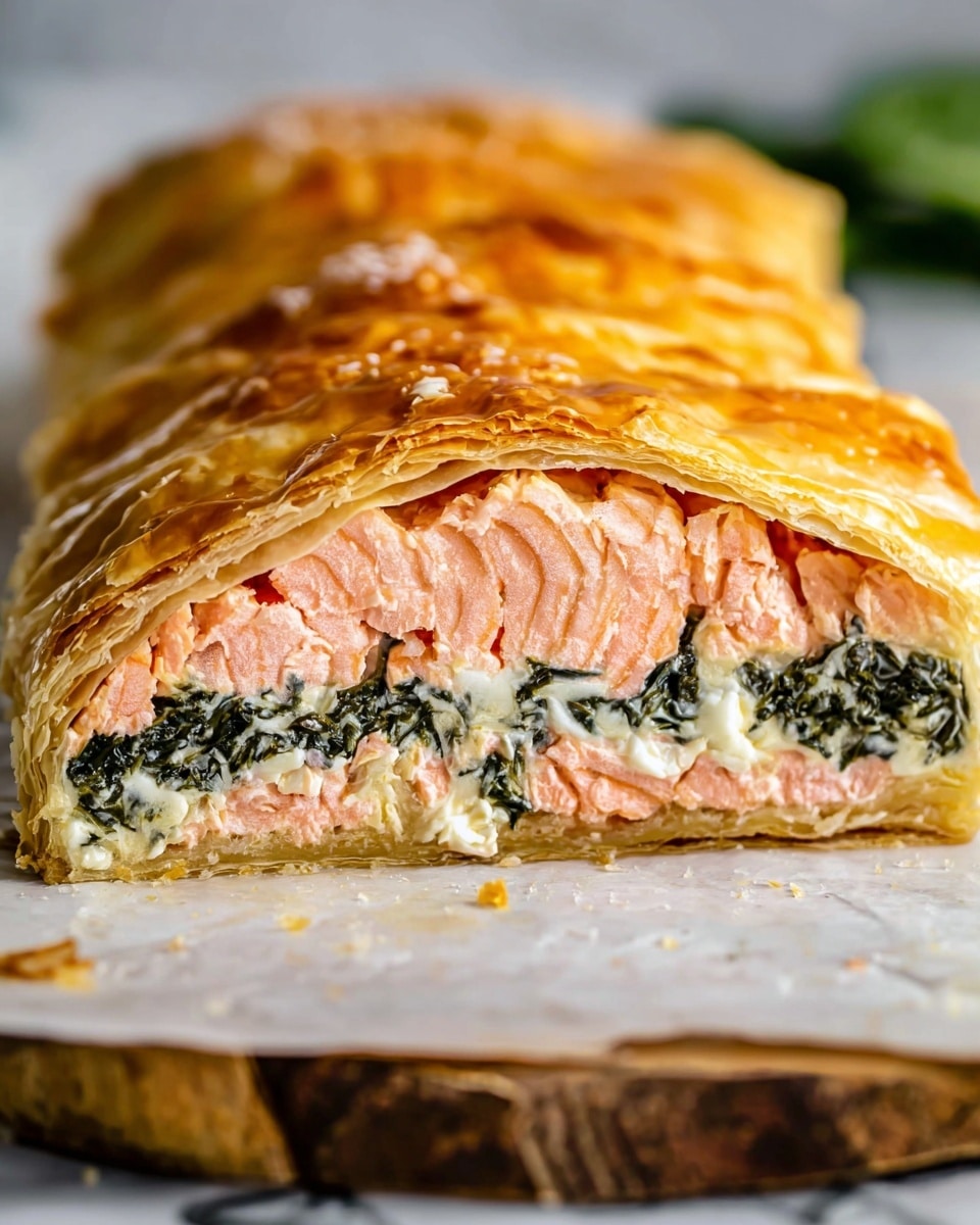 A close-up of a cut pastry showing four layers: the top layer is a golden-brown flaky crust with a slightly shiny surface, beneath it is a thick layer of pink salmon mixed with a creamy white spread that is slightly melted, followed by a dark green layer of leafy spinach, and at the bottom is another thick pink salmon layer with a moist texture. The cut section sits on a white marbled surface with part of a rustic wooden board visible at the bottom. Photo taken with an iphone --ar 4:5 --v 7