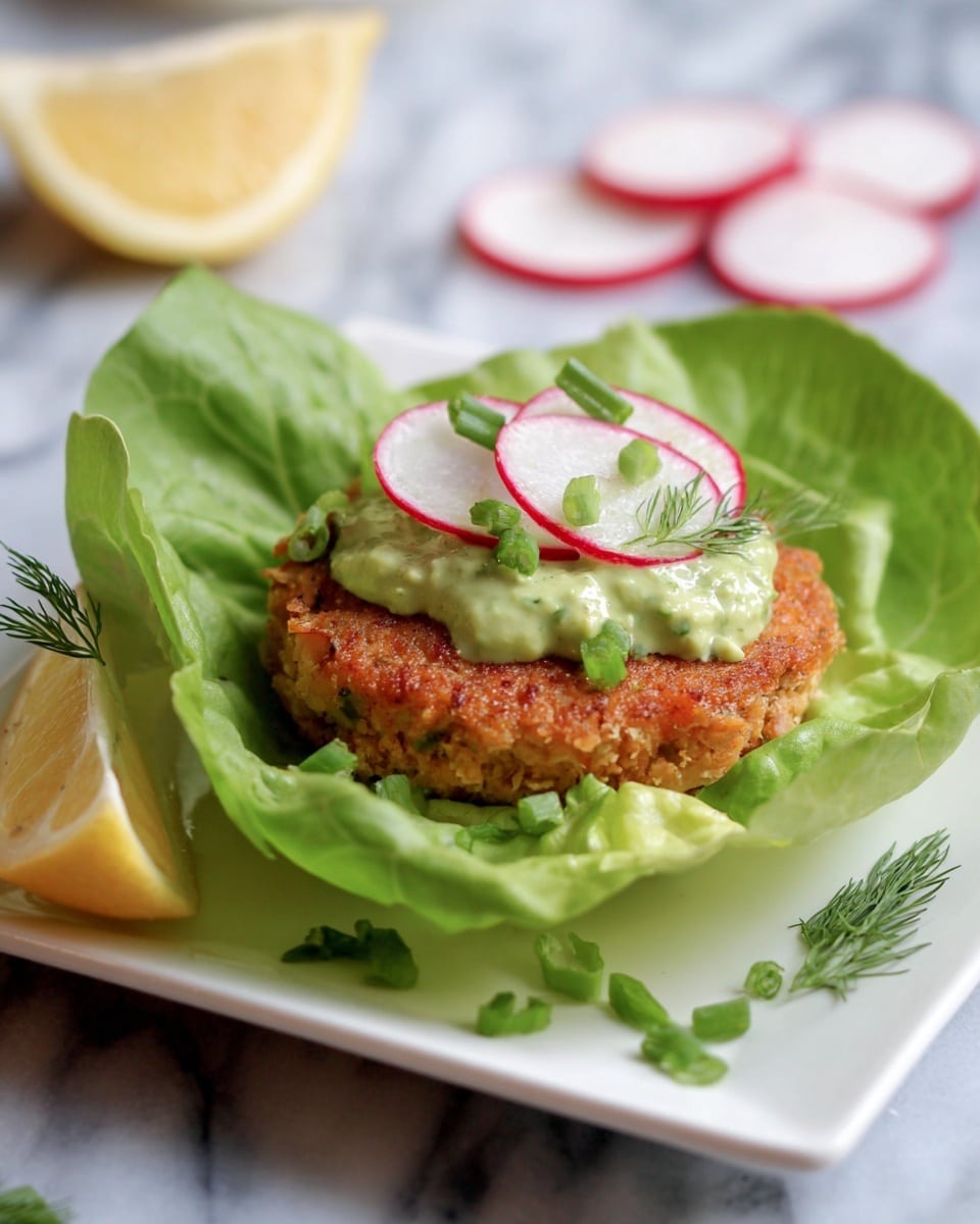 A single round, golden-brown patty with a slightly crispy texture sits centered on a large, bright green lettuce leaf, which covers most of a white square plate. On top of the patty is a dollop of creamy, pale green sauce, garnished with thinly sliced, vibrant red and white radish rounds and small green onion slices. There are also scattered sprigs of fresh dill adding fine green details. A small wedge of lemon rests on the plate's left side, and three thin radish slices are blurred in the background on a white marbled surface. photo taken with an iphone --ar 4:5 --v 7
