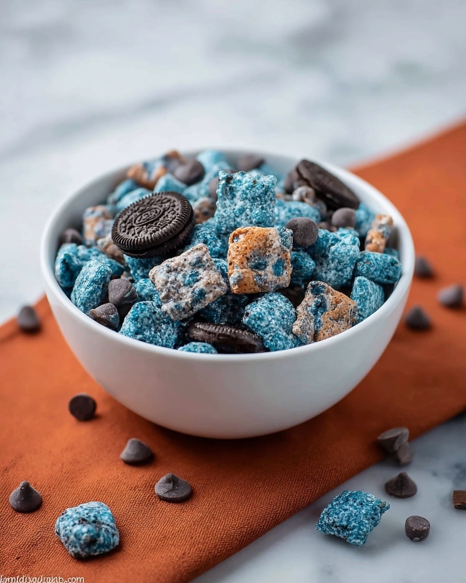 The image shows a close-up of a shiny metal scoop filled with a crunchy snack mix covered in blue powder and some brown mini chocolate chip cookies. The scoop rests on an orange cloth, with some of the blue powder-covered snack pieces scattered around its edge on the cloth, creating a casual and inviting look. In the background, there is a large glass jar filled with the same mix, slightly blurred to keep the focus on the scoop. The colors are mainly blue from the powder, brown from the cookies, and silver from the scoop, all placed on a bright white marbled texture. photo taken with an iphone --ar 4:5 --v 7