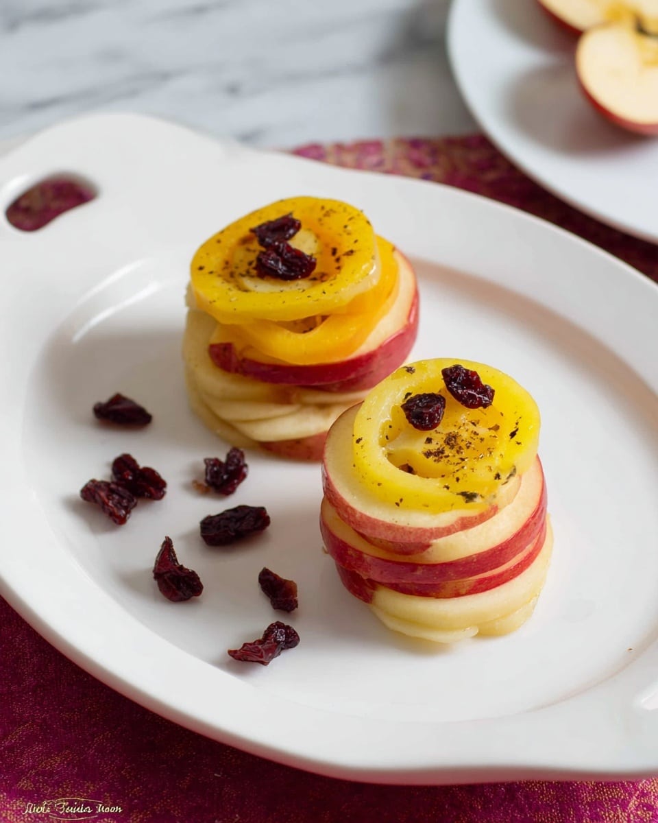 Two small stacks of fruit slices sit on a white plate with a handle. Each stack has about five layers, starting with a red apple slice at the bottom, followed by a yellow fruit slice, a white or light brown thick layer in the middle, another red apple slice, and topped with a yellow spiral-shaped fruit slice sprinkled with a dark spice. Small dark red dried fruit pieces are placed on top and scattered around the plate. The background shows a white marbled surface. photo taken with an iphone --ar 4:5 --v 7