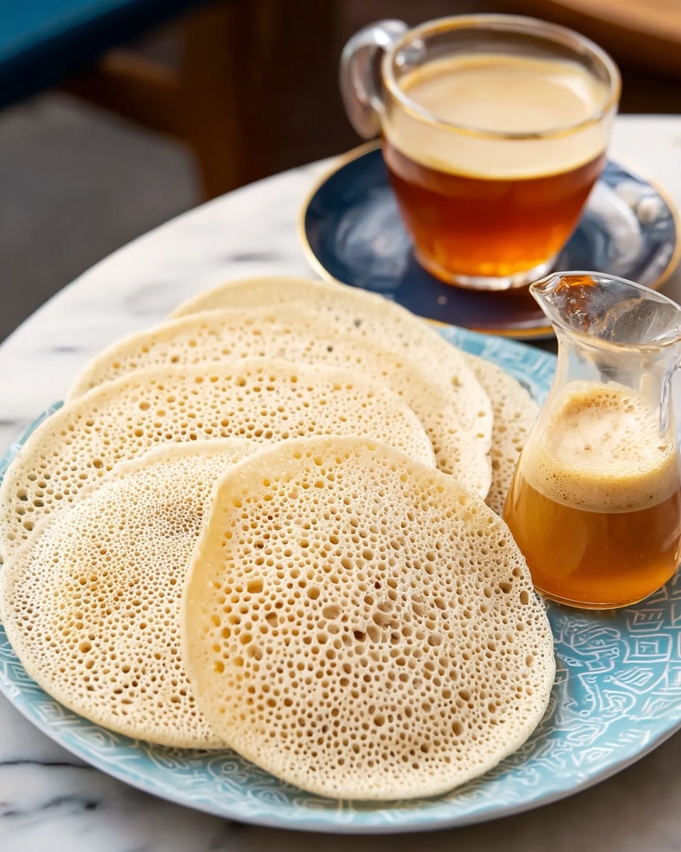 A white plate with a light blue center and black design holds four layers of round, light beige pancakes, each with a spongy, porous texture full of small holes on the surface, arranged slightly overlapping. Behind them, to the right on the plate, there is a small clear glass pitcher filled with a frothy, golden-brown liquid. The plate is set on a white marbled textured surface, and part of a dark blue saucer with a glass cup of tea is visible blurred in the background. photo taken with an iphone --ar 4:5 --v 7