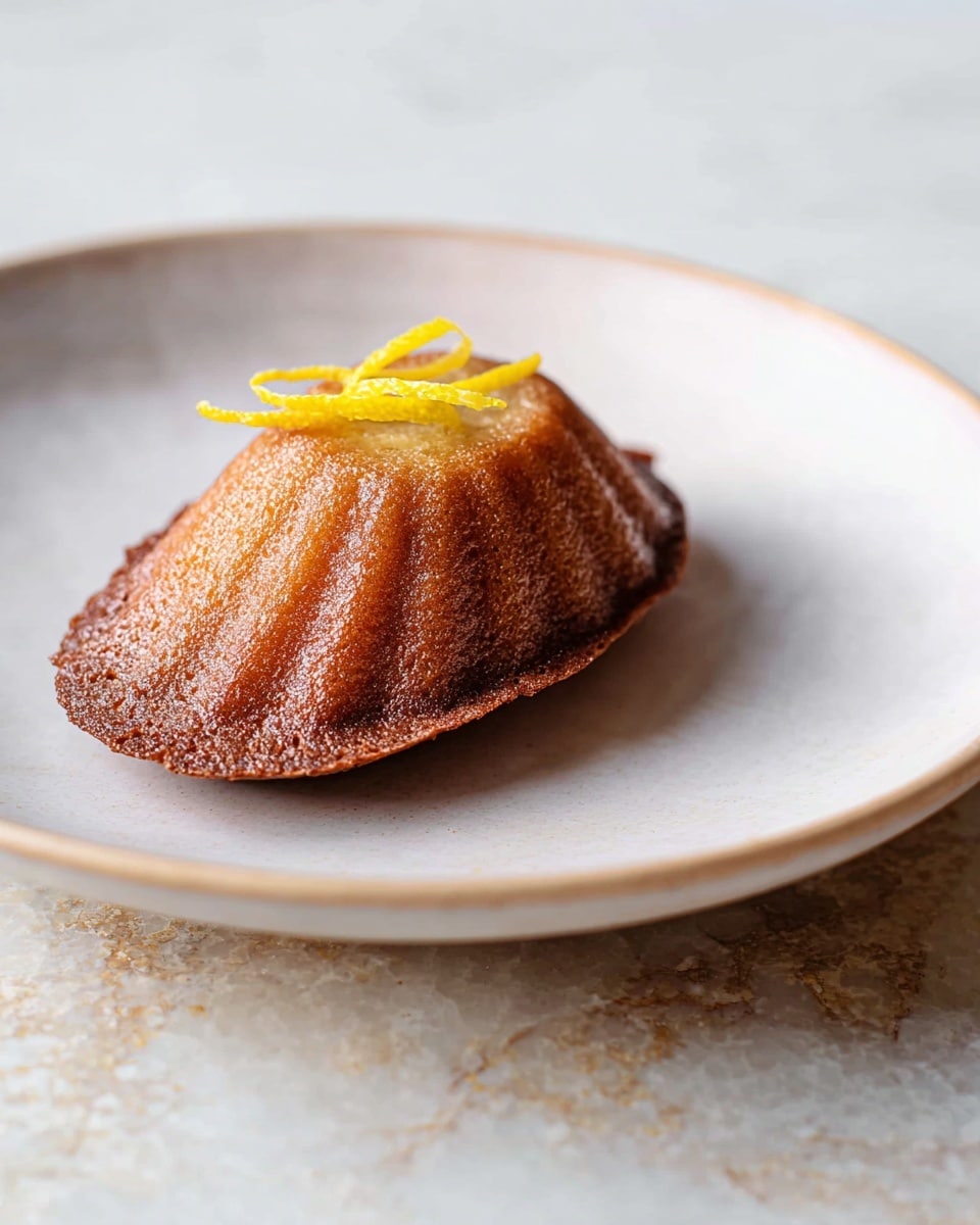 A single brown madeleine-shaped cake sits on a white plate with a subtle rim, placed on a white marbled textured surface. The cake has a slightly darker baked edge and a domed top, where a few thin yellow lemon peel strips are arranged, adding a bright contrast. The cake looks moist with a light sheen on top, showing a chewy texture, while the plate's edge is softly blurred, focusing on the cake. Photo taken with an iphone --ar 4:5 --v 7