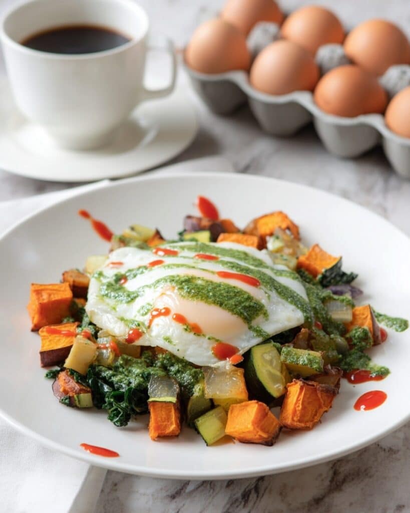 Southwestern Sweet Potato Hash with Poached Eggs and Cilantro Pesto Recipe