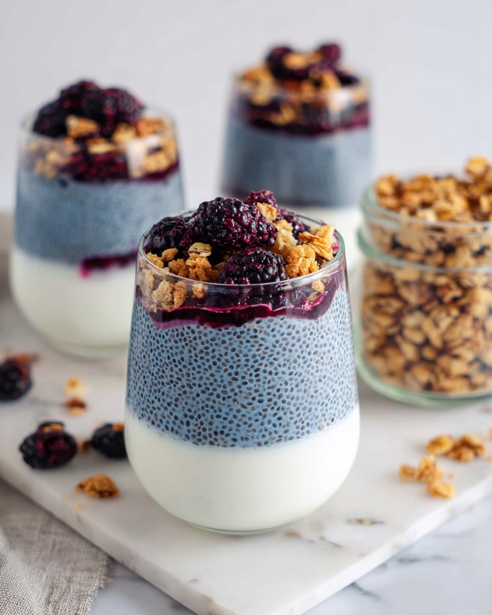 The image shows a clear glass filled with three visible layers of food placed on a white marbled surface. The bottom layer is white and smooth, likely yogurt. The middle layer is blue with small, round, black chia seeds, giving it a speckled texture. The top layer is again white and smooth like the bottom layer. On top of the glass, there is a topping of dark purple-black berries and small pieces of light brown granola sprinkled around. Behind the main glass, there are two more glasses with similar layers and toppings, and a small glass jar filled with granola. Some dark purple-black berries are scattered on the white marbled surface around the glasses. Photo taken with an iphone --ar 4:5 --v 7