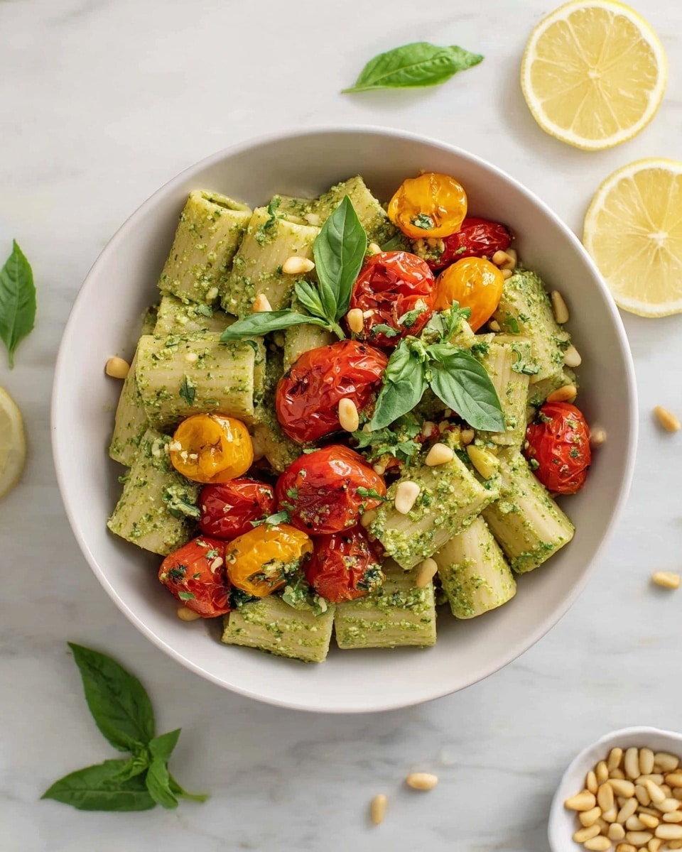 A bowl of pasta with two layers: a base layer of rigatoni pasta coated in green pesto sauce with small bits of herbs and pine nuts on top; scattered on top are roasted cherry tomatoes in red, orange, and yellow colors with some fresh green basil leaves as garnish. The bowl is placed on a white marbled texture, with slices of lemon and extra basil leaves scattered around. A small white dish with pine nuts is visible at the bottom right corner. photo taken with an iphone --ar 4:5 --v 7