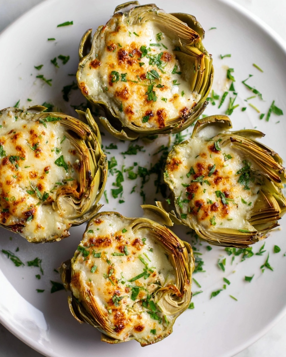 Five baked artichoke halves are arranged on a white plate with a white marbled texture background, each filled with a creamy, slightly browned, cheesy topping. The artichoke leaves are greenish-yellow and curled outward, showing the soft, melted cheese layer on top with browned spots and specks of fresh, chopped green herbs scattered over them and lightly on the plate. The texture of the cheese appears smooth and gooey with some crispy edges. Photo taken with an iphone --ar 4:5 --v 7