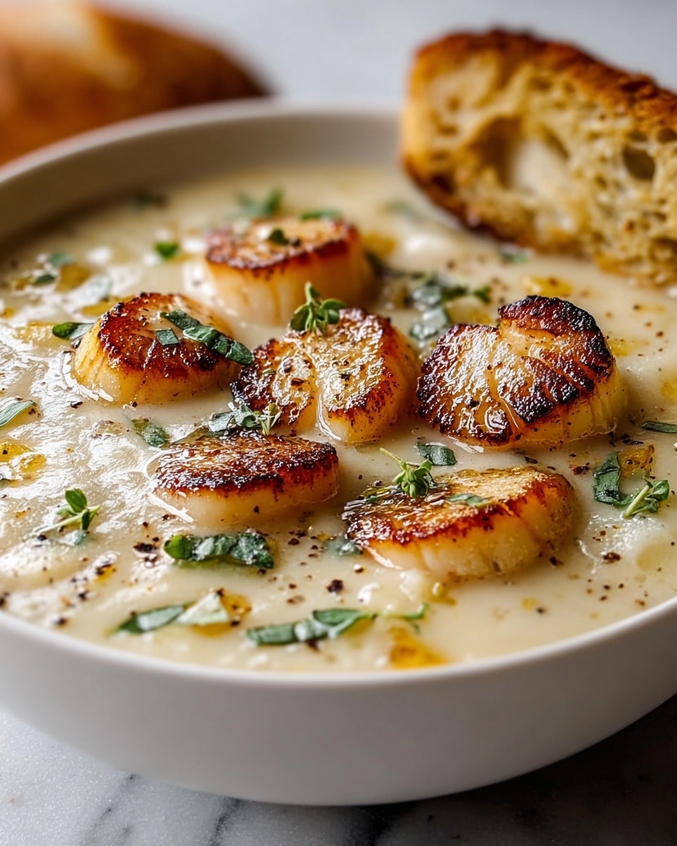 A white bowl filled with creamy, light beige soup as the base layer with a smooth texture, topped with a layer of golden-brown seared scallops scattered evenly across the surface. Each scallop has a slightly charred, crispy edge and is garnished with small green herb leaves and a sprinkle of black pepper. In the background, a slice of crusty bread rests on the edge of the bowl. The bowl is placed on a white marbled surface. photo taken with an iphone --ar 4:5 --v 7