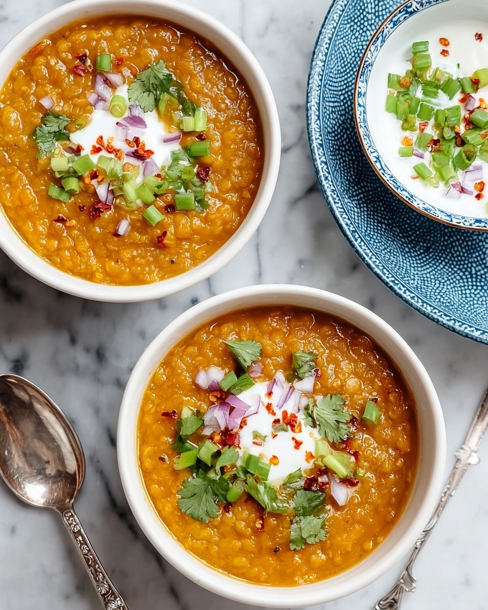 Two white bowls filled with thick orange lentil soup, each topped with a dollop of white yogurt at the center, sprinkled with small pieces of red onion, bright green chopped scallions, fresh green cilantro leaves, and tiny red chili flakes. The bowls sit on a white marbled surface, and to the right, there is a silver spoon with an ornate handle. In the top right corner, part of a small white bowl with a blue patterned rim filled with white yogurt and green scallions rests on a blue textured plate. photo taken with an iphone --ar 4:5 --v 7