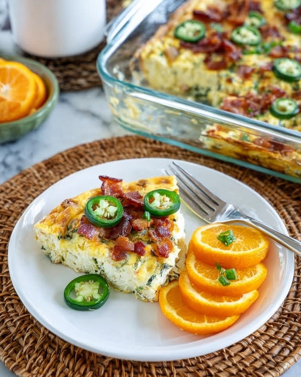 The image shows a white plate with a single slice of a baked egg dish topped with crispy bacon pieces and green jalapeño slices, with a textured, slightly golden surface that has visible green herbs mixed in. Next to the slice are thin, bright orange rounds of fruit, likely tangerine or orange, arranged in a neat stack with a small green garnish on top. Behind the plate, there is a clear glass baking dish containing the remaining egg dish that is unevenly cut, showing a fluffy and dense texture with green herbs and bacon bits inside, topped with more jalapeño slices. The setting is on a woven straw placemat over a white marbled textured surface with part of a fork resting on the plate. photo taken with an iphone --ar 4:5 --v 7