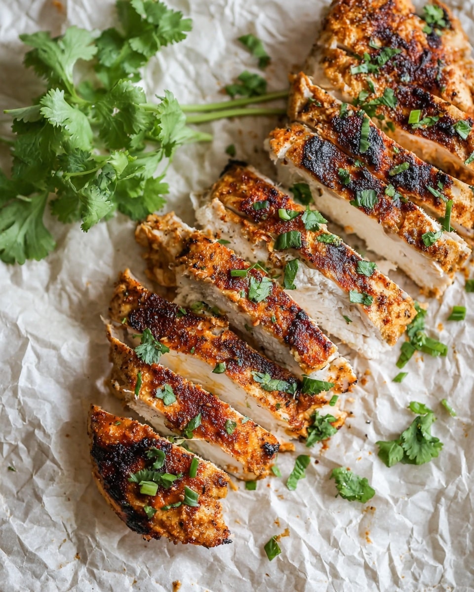 The image shows a sliced grilled chicken breast with a golden-brown, slightly charred outer layer and tender white inside, arranged in a scattered stack on crumpled parchment paper. The chicken pieces have visible grill marks and are sprinkled with chopped fresh green herbs, likely cilantro, which adds pops of green color across the dish. To the left side of the chicken, a sprig of fresh cilantro rests on the white marbled textured surface. The photo gives a close-up view of the detailed texture of the grilled chicken and herbs. photo taken with an iphone --ar 4:5 --v 7