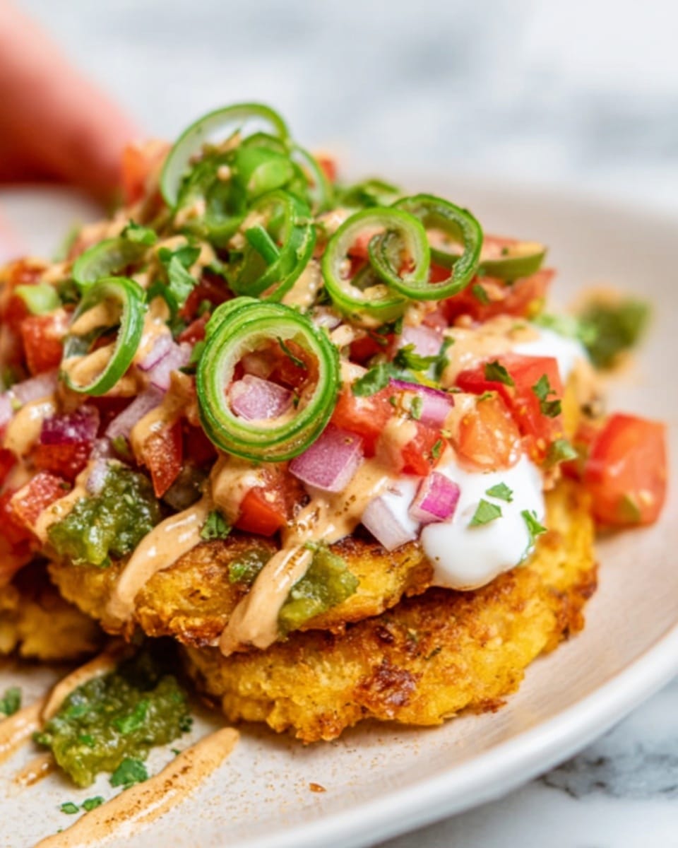 Four golden brown, crispy patties are arranged in a row on a long white plate. Each patty is topped with a generous dollop of white sour cream, bright green diced avocado pieces, and small red tomato chunks. They are drizzled with a light orange sauce in a zigzag pattern. Fresh green cilantro leaves are scattered both on the plate and around the patties, with a wedge of avocado placed next to them. Around the plate on the white marbled surface are sprigs of fresh cilantro, avocado halves, scattered corn kernels, and two small bowls filled with diced tomatoes and chopped herbs. Photo taken with an iphone --ar 4:5 --v 7