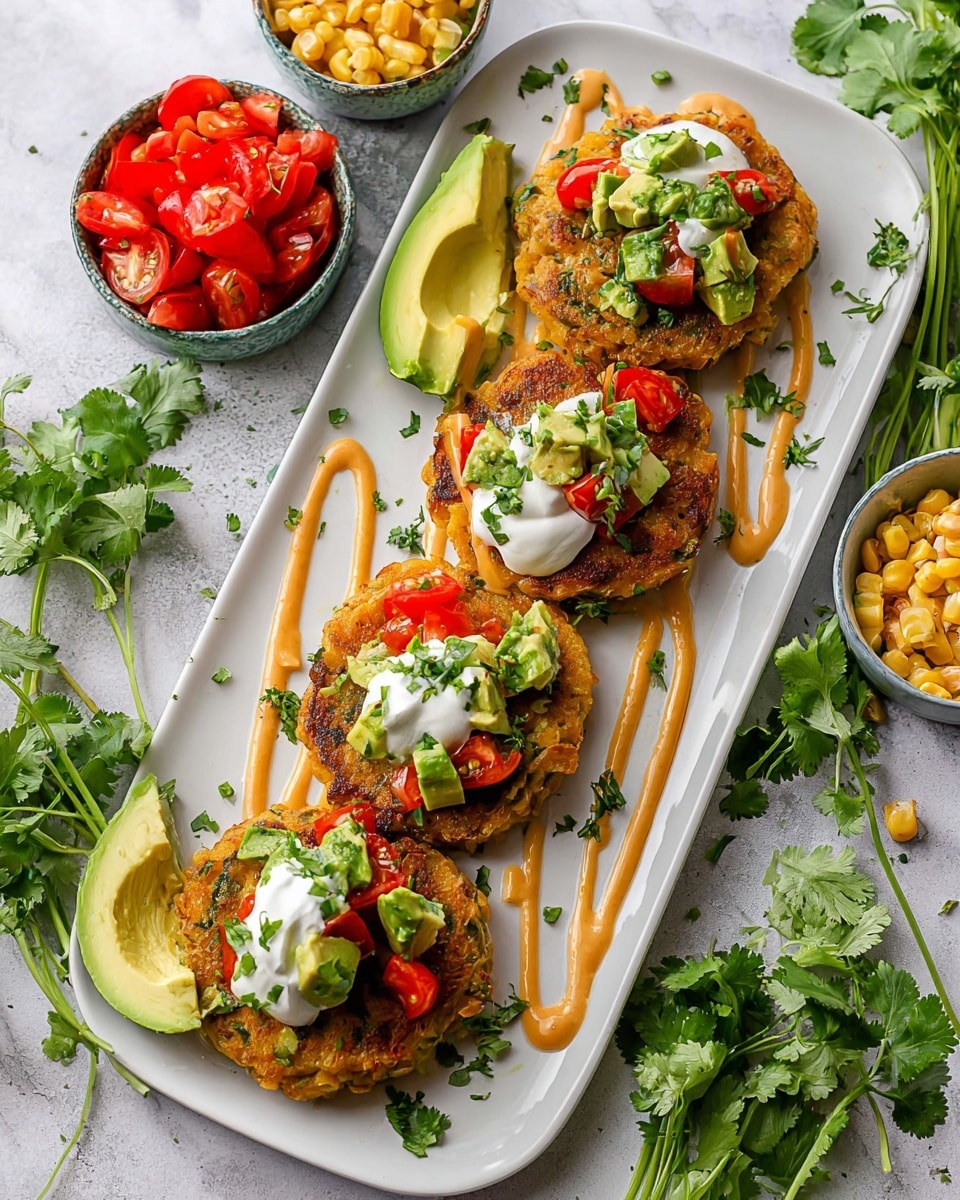 A close-up image of a round, golden-brown crispy base with a coarse texture, topped with a layer of finely chopped fresh tomatoes and red onions showing bright red and purple colors. On top of this, there is a dollop of smooth white sour cream, drizzled with a light brown creamy sauce, and scattered thin green onion slices adding a fresh accent. The dish is placed on a white plate against a white marbled surface. Photo taken with an iphone --ar 4:5 --v 7