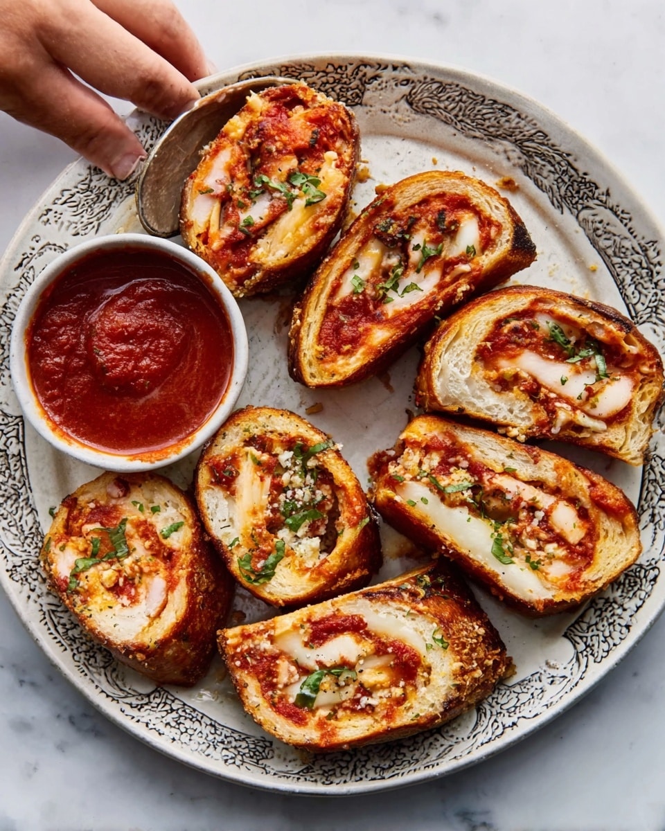 The image shows six pieces of a rolled dish with three visible layers, placed on a white plate with detailed blue patterns. The outer layer is golden-brown and crispy. The inside layers include a light orange and white filling with small green herbs scattered on top, adding a fresh look. Next to the rolled pieces is a small white bowl filled with thick reddish-brown sauce, and a silver spoon rests on the plate beside it. A woman's hand is partially visible holding the spoon. The surface under the plate is a white marbled texture. photo taken with an iphone --ar 4:5 --v 7