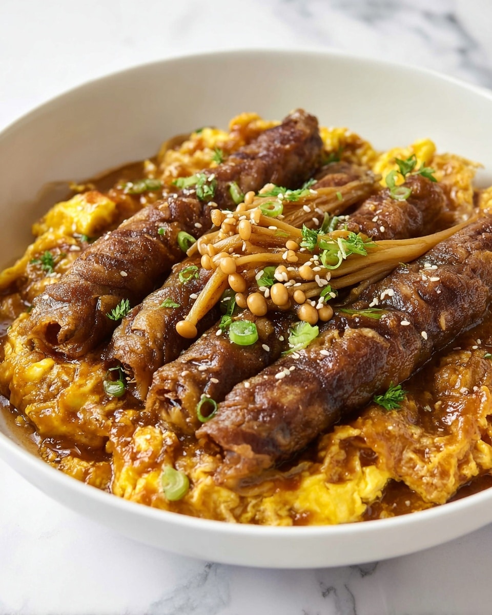 A white bowl holds a rich dish with three main layers: at the base, there is a thick brown sauce mixed with scrambled egg pieces that are bright yellow with soft textures scattered unevenly, and bits of green onion adding small fresh green spots; on top of this base, there are several long, cylindrical rolls made of thin cooked meat, dark brown and coated with sauce, each roll tightly wrapping golden-brown enoki mushrooms that peek out at one end, showing their delicate, thin, and slightly translucent strands; the dish is garnished lightly with sesame seeds and small green herb bits, all placed against a white marbled background. photo taken with an iphone --ar 4:5 --v 7