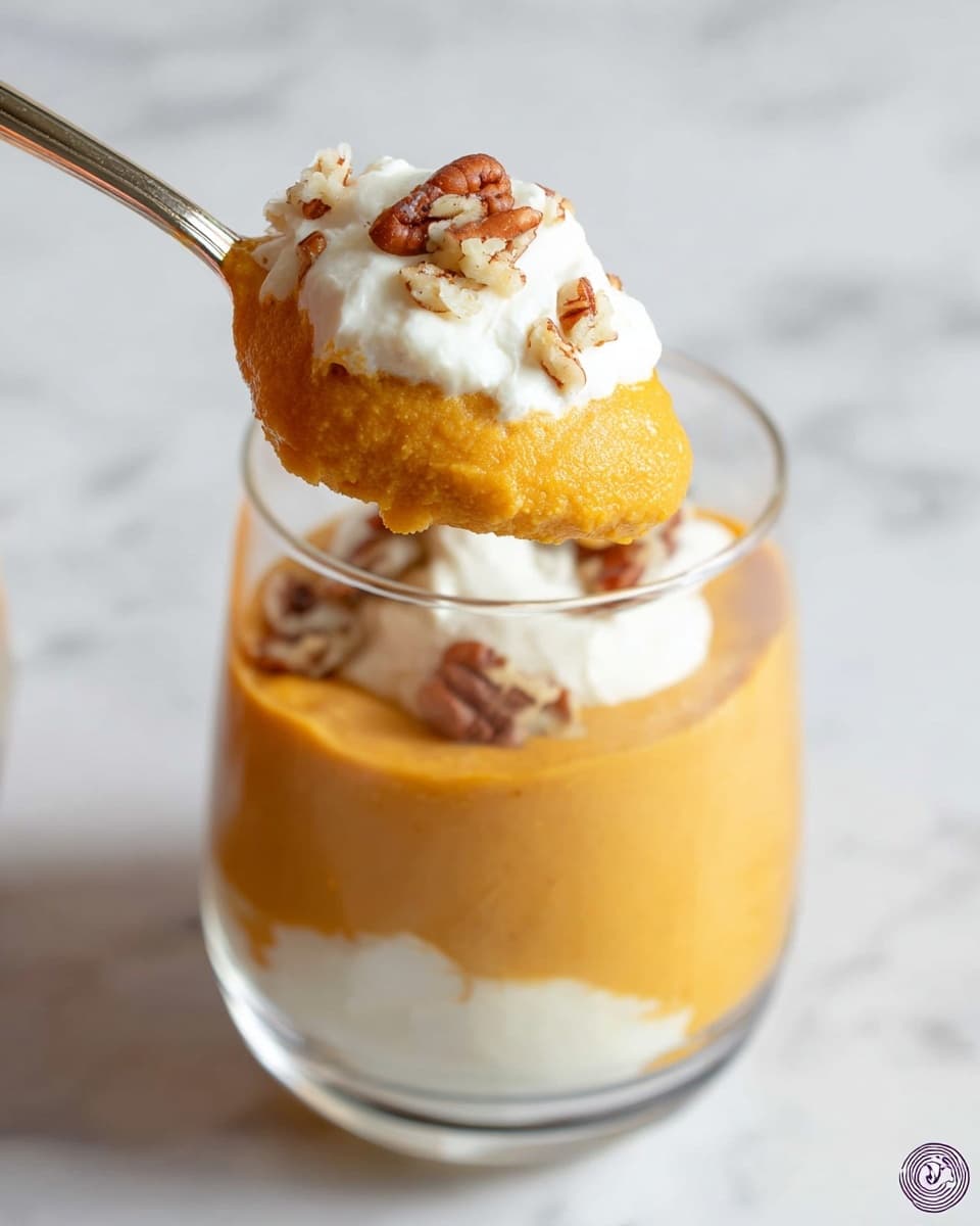 A clear glass filled with three visible layers is shown. The bottom layer is a smooth, orange pumpkin-colored puree that fills most of the glass. The middle layer consists of fluffy white cream with a few small pieces of brown chopped pecans scattered on top. The top layer on the spoon held above the glass is mostly orange pumpkin puree with some white cream and pecan pieces at the bottom edge of the spoon. The scene has a soft, white marbled surface in the background. Photo taken with an iphone --ar 4:5 --v 7