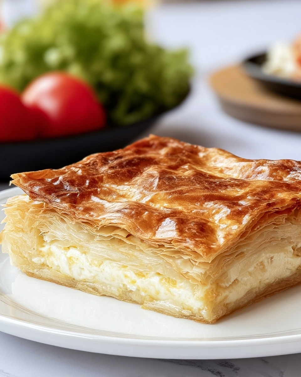 A square piece of layered pastry sits on a white plate with a white marbled background. The dish has multiple golden-brown flaky layers on top with a shiny, slightly crispy texture. The middle shows a creamy, light yellow cheese filling that peeks through the sides. In the blurred background, there is a black dish holding bright red tomatoes and green lettuce leaves. The overall look is fresh and inviting. photo taken with an iphone --ar 4:5 --v 7