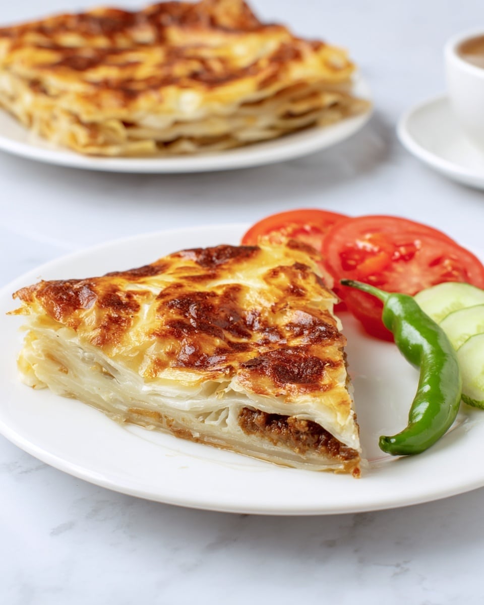 A white plate holds a slice of layered baked pastry with about four thin layers, each layer having a light golden brown, crispy top and soft, creamy off-white dough beneath, with some meat filling visible at the bottom layer. On the right side of the plate, there are fresh vegetable slices: three light green cucumber slices, two bright red tomato slices, and a whole green chili curved on top. In the background, a stack of the same pastry is placed on a white plate, all set on a white marbled surface. Photo taken with an iphone --ar 4:5 --v 7