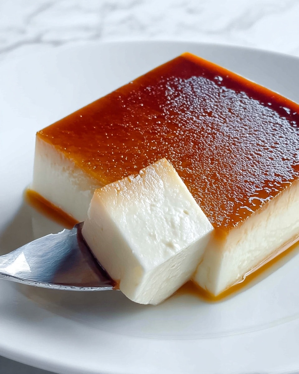 A close-up image shows a square dessert with two layers on a white plate. The top layer is thin, glossy, and caramel brown with a slightly textured finish. The bottom layer is thicker, creamy white, and smooth, making up most of the dessert's height. A spoon is cutting a small triangular piece from the corner, showing the soft and firm texture of both layers. The background is a white marbled texture. photo taken with an iphone --ar 4:5 --v 7
