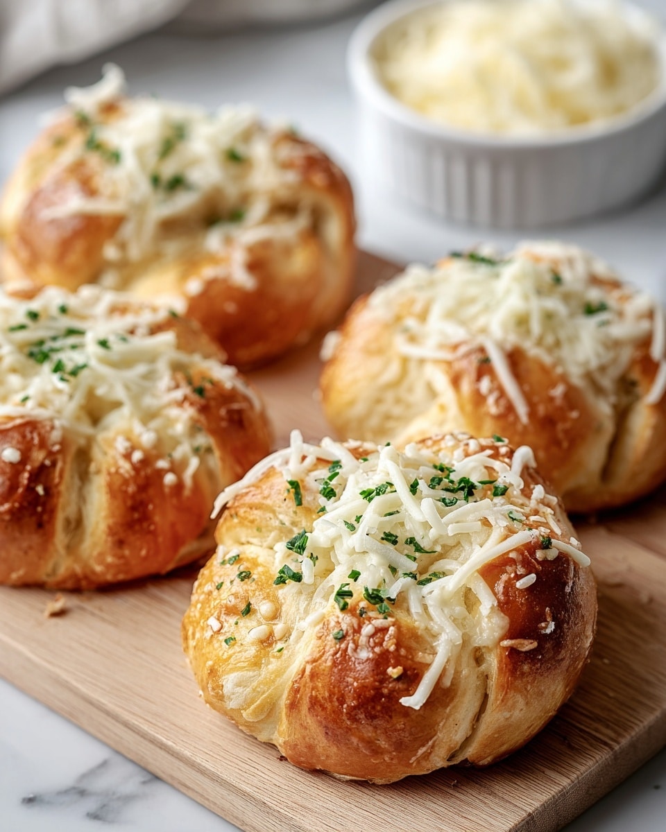 The image shows four soft, golden-brown rolls with a shiny, slightly crispy crust. Each roll is topped with a layer of finely shredded white cheese and small green herb pieces sprinkled evenly on top. The rolls have distinct folds, creating a flower-like shape, with some melted cheese visible in the creases. They rest on a light wooden cutting board placed on a white marbled surface. In the background, there is a white dish filled with extra shredded cheese, slightly out of focus. photo taken with an iphone --ar 4:5 --v 7