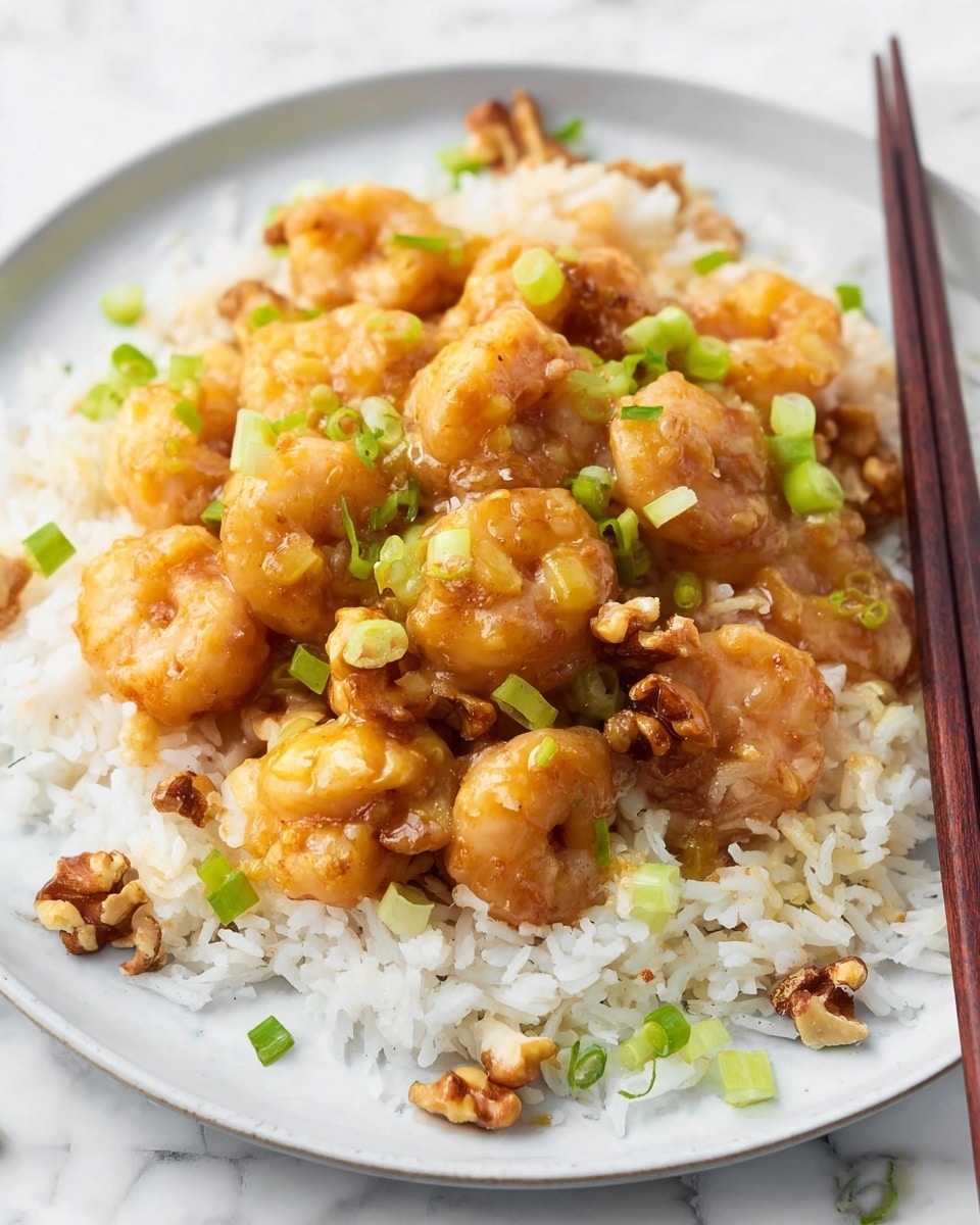 A white plate holds a bed of fluffy white rice spread unevenly as the base layer. On top sits a thick layer of golden-brown pieces of shrimp coated in a glossy sauce, looking soft and slightly sticky. Scattered over the shrimp and rice are chunks of green onion, adding fresh green color, along with small pieces of walnut for a crunchy texture. A brown wooden chopstick rests on the right side of the plate, partially touching the rice and green onions. The background shows a white marbled surface, bright and clean. photo taken with an iphone --ar 4:5 --v 7