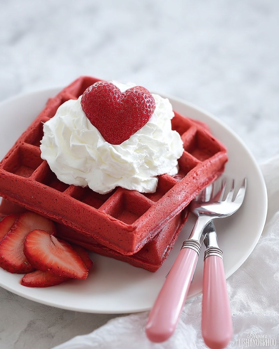 The image shows two red waffles stacked on a white plate placed on a white marbled surface. The waffles have a grid pattern and a soft texture. On top of the waffles, there is a generous layer of white whipped cream that looks fluffy and light. A heart-shaped red strawberry sits on top of the whipped cream as a decoration. On the side of the waffles, there are sliced strawberries adding more red color and freshness to the dish. Next to the plate, a woman's hand can be seen holding a fork and knife with pink handles. photo taken with an iphone --ar 4:5 --v 7